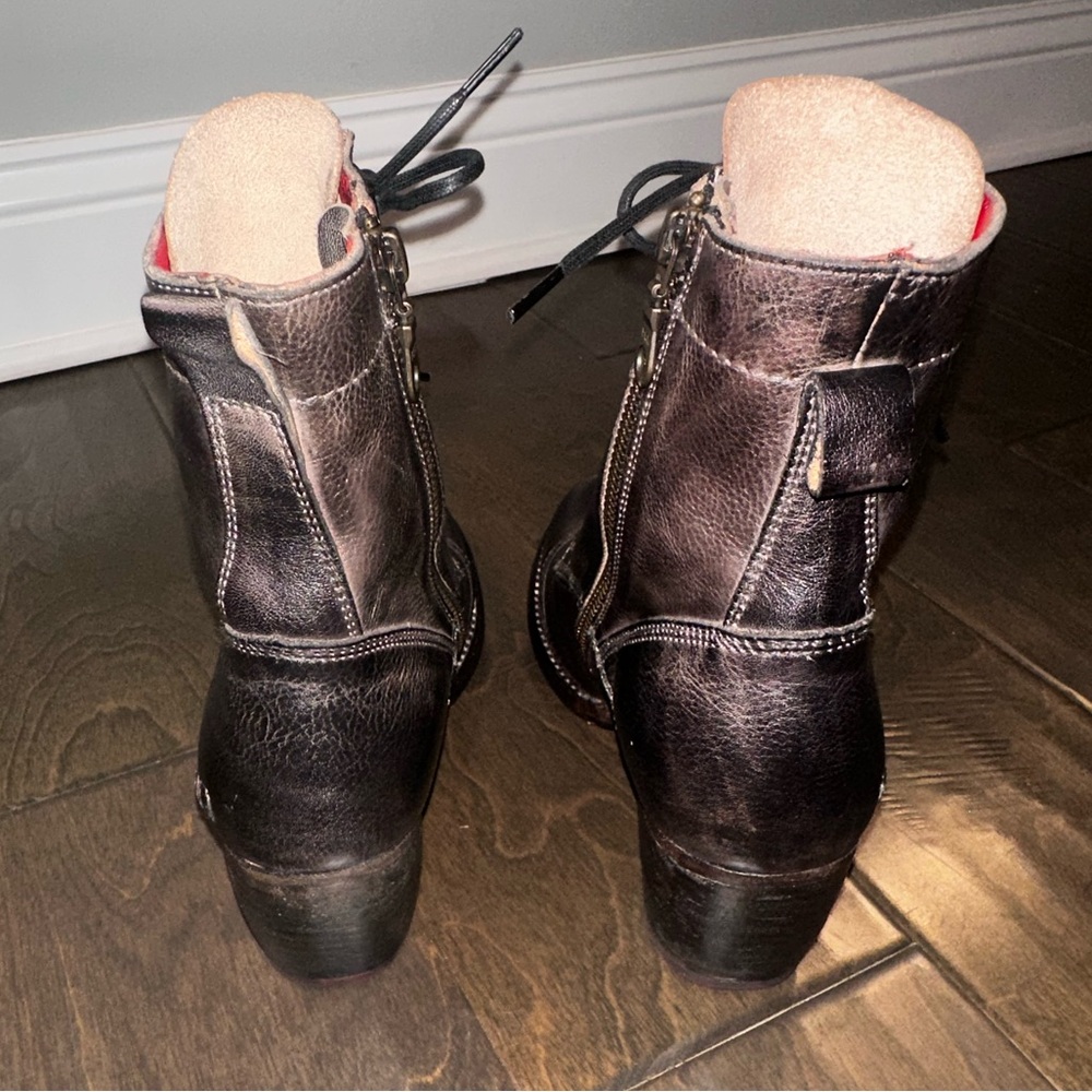 BED|STU Brown Lace-Up Leather Ankle Boots with Red Lining - Picture 6 of 16